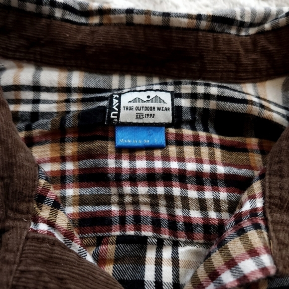 Kavu sz L Brown Plaid Flannel Button Down Elbow Patches - Picture 3 of 5